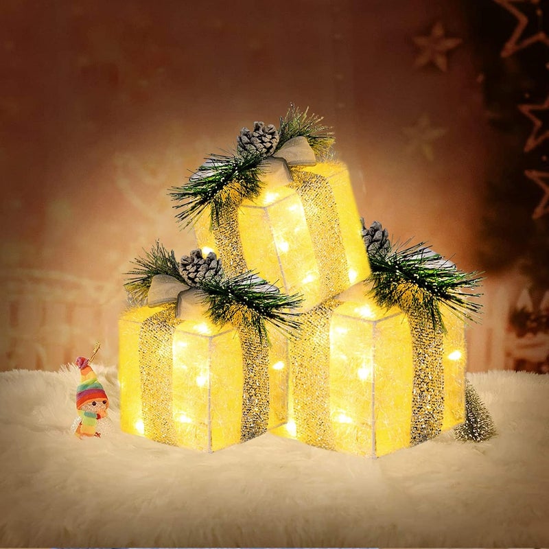 Hourleey Set of 3 Christmas Lighted Gift Boxes, Pre-lit 60 LED Light Up Present Boxes Ornament Outdoor Warm White Tinsel Boxes Decoration for Indoor Christmas Home Yard Lawn Decor - Image 5