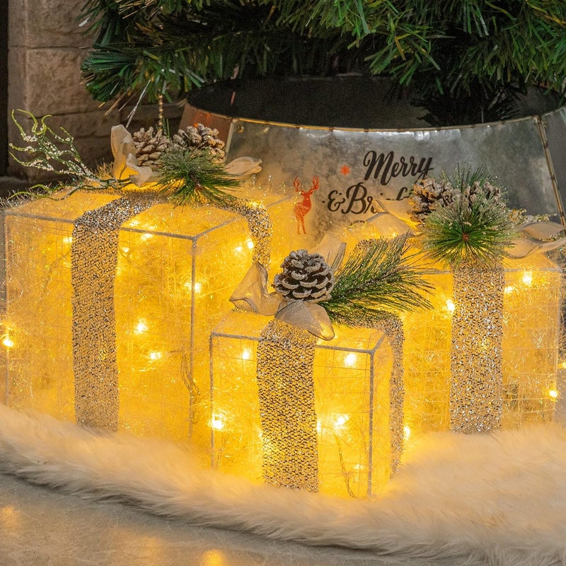 Hourleey Set of 3 Christmas Lighted Gift Boxes, Pre-lit 60 LED Light Up Present Boxes Ornament Outdoor Warm White Tinsel Boxes Decoration for Indoor Christmas Home Yard Lawn Decor - Image 1