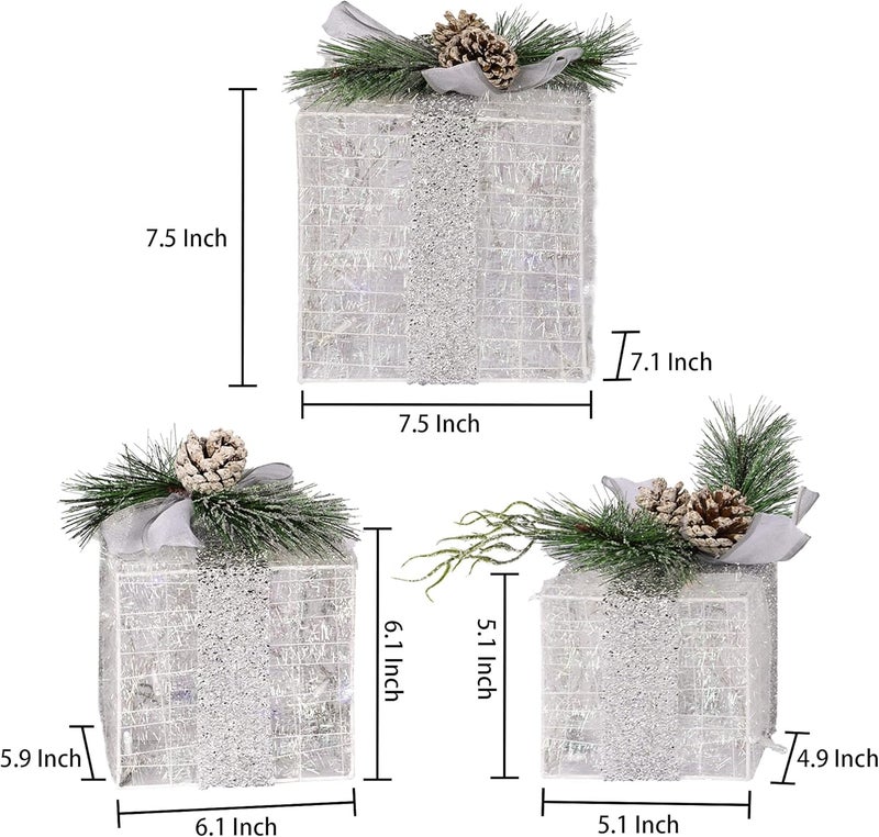 Hourleey Set of 3 Christmas Lighted Gift Boxes, Pre-lit 60 LED Light Up Present Boxes Ornament Outdoor Warm White Tinsel Boxes Decoration for Indoor Christmas Home Yard Lawn Decor - Image 2