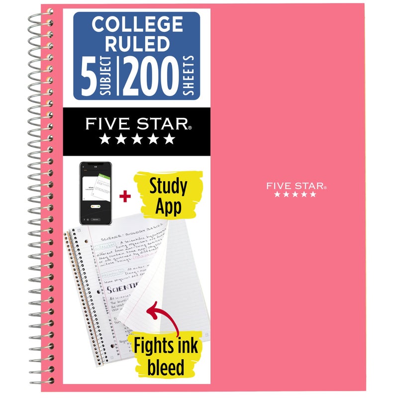 Five Star Spiral Notebook + Study App, 5 Subject, College Ruled Paper, 8-1/2" x 11", 200 Sheets, Fights Ink Bleed, Water Resistant Cover, Prom Pink (820004R) - Image 1