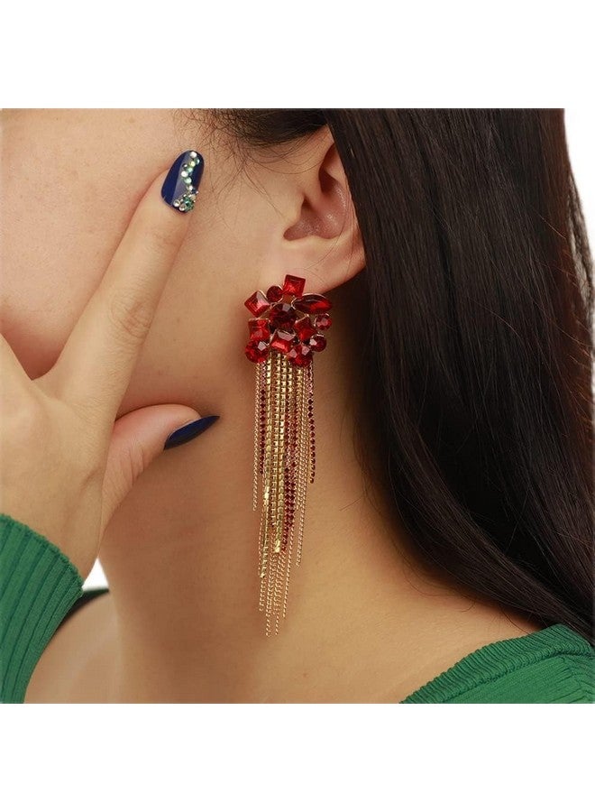 Kercisbeauty Wine Red Rhinestones Beads Chandelier Gold Earrings Women Girls Long Tassel Jewelry For Prom Wedding Special Occasion (Red) - Image 1