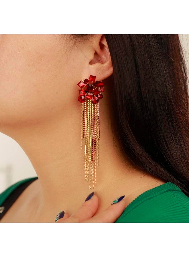 Kercisbeauty Wine Red Rhinestones Beads Chandelier Gold Earrings Women Girls Long Tassel Jewelry For Prom Wedding Special Occasion (Red) - Image 3