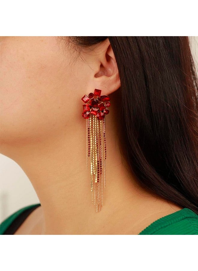 Kercisbeauty Wine Red Rhinestones Beads Chandelier Gold Earrings Women Girls Long Tassel Jewelry For Prom Wedding Special Occasion (Red) - Image 2
