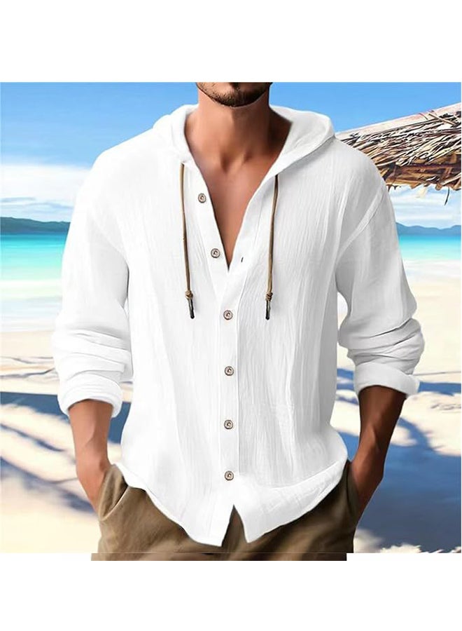 Men's Hooded T-Shirt  Summer Casual Cotton Linen Shirt Long Sleeve Top with Pocket  - Image 1