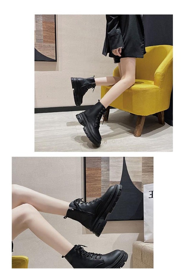 Beauenty Women's Ankle Boots Ladies Combat Ankle Winter Warm Soft Casual Shoes Women High Top Leather Martin Boots Women Low Heel Lace Up Outdoor Trekking Hiking Work Boots  - Image 4