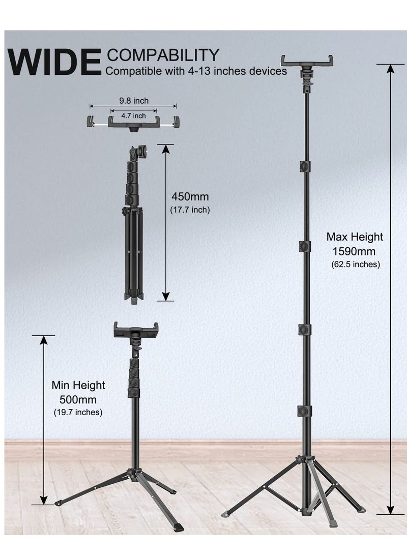 Tablet Floor Tripod Stand 62 inch Height Adjustable Holder with 360° Rotating Phone Tripod Mount & 1/4'' Screw for iPad Pro 12.9 Air Mini, iPhone, 4-13" Tablet & Cell Phones  - Image 2