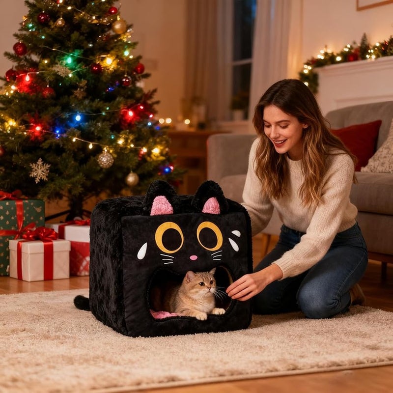 Black Cat Plush Indoor Pet Sleeping Tent Warm Bed 38x38x38cm - Image 4