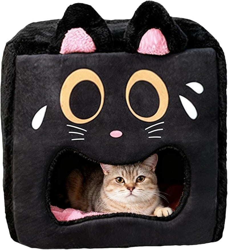 Black Cat Plush Indoor Pet Sleeping Tent Warm Bed 38x38x38cm - Image 2