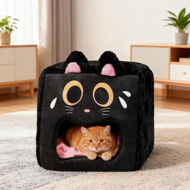 Black Cat Plush Indoor Pet Sleeping Tent Warm Bed 38x38x38cm - Image 5