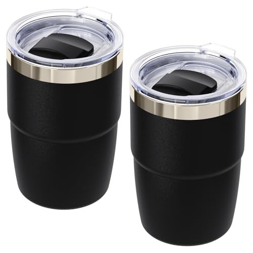 Cafezi 8 oz Small Coffee Cup with Magnetic Lid, Ceramic-Lined 18/8 Stainless Steel, Double-Wall Vacuum Insulated, Stackable, Dishwasher Safe, Mini Tumbler for On-the-Go, 2 Pack, Black - Image 1