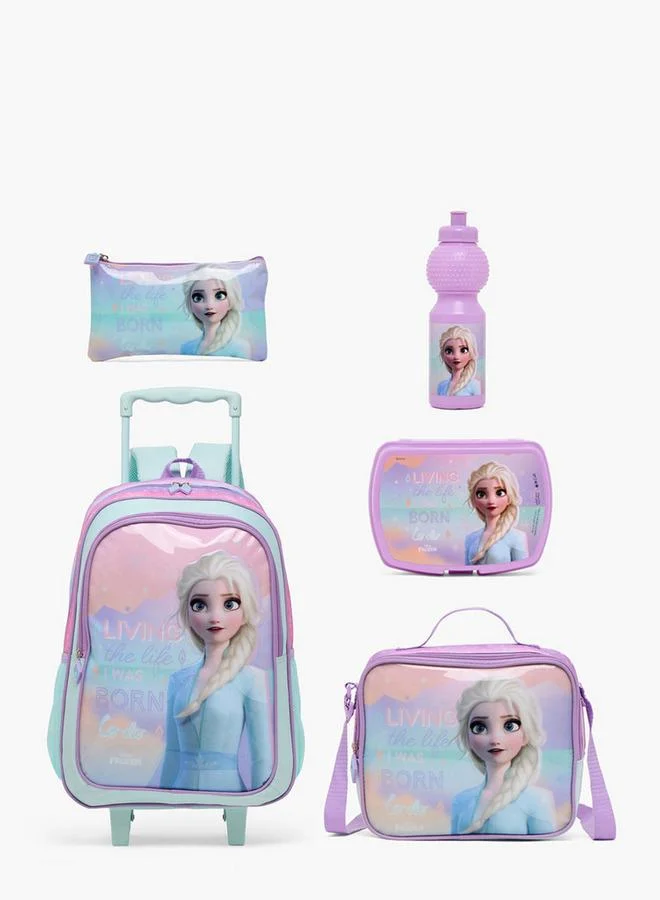 Disney Frozen 5-Piece School Trolley Bag Set For Kids 13+ Years With Lunch Box And Bottle