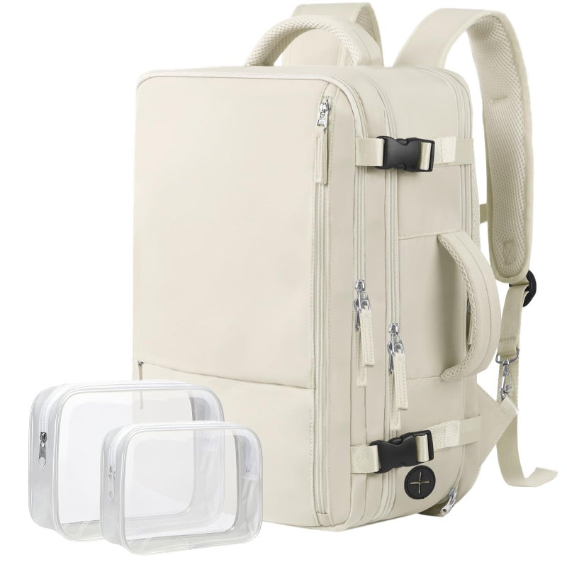 Hanples Large Travel Backpack for Women 40L Carry on Luggage Backpack College Laptop Backpack Airline Approved Business Work Bag Fits 17 Inch Computer for Men with 2 Toiletry Bags Beige