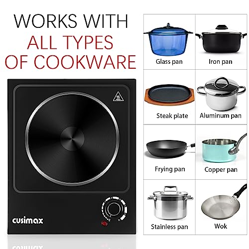 CUSIMAX موقد كهربائي CUSIMAX، موقد كهربائي بموقد واحد، موقد كهربائي 1500 واط للطهي مع درجة حرارة قابلة للتعديل، موقد سطح طاولة محمول من الفولاذ المقاوم للصدأ، أسود، نموذج جديد - Image 3
