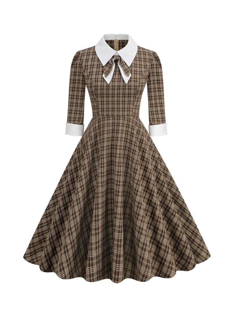 Shougu Shirt Collar Bow Plaid Long Sleeved Medium Length Dress For Women  - Image 1