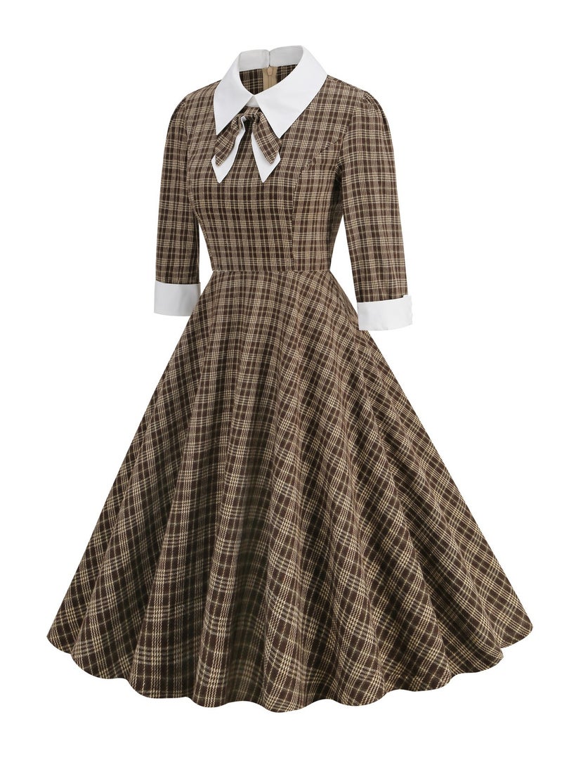Shougu Shirt Collar Bow Plaid Long Sleeved Medium Length Dress For Women  - Image 2