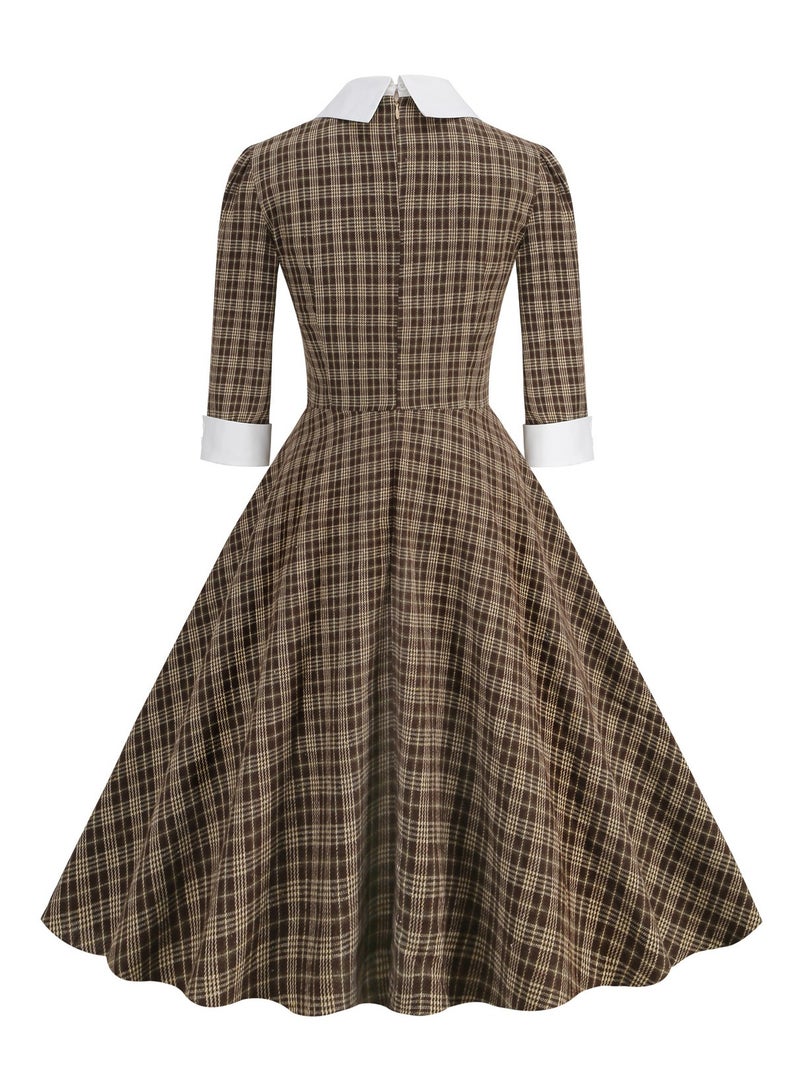 Shougu Shirt Collar Bow Plaid Long Sleeved Medium Length Dress For Women  - Image 3