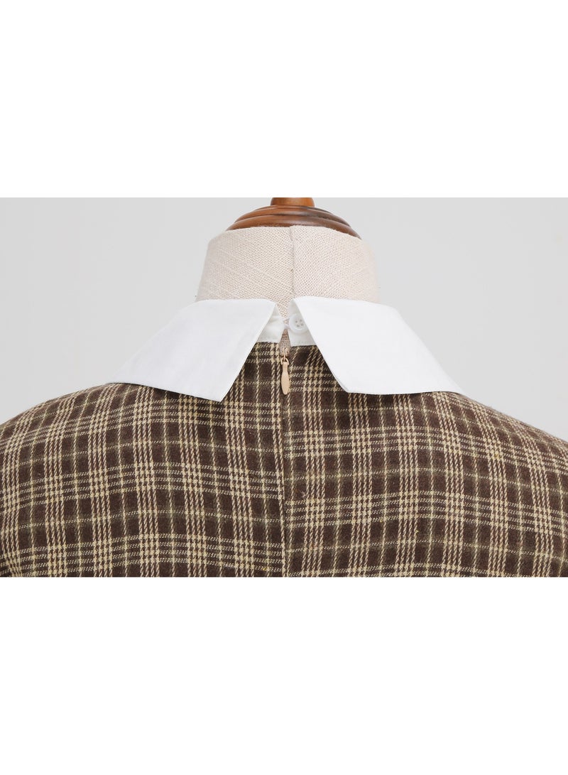 Shougu Shirt Collar Bow Plaid Long Sleeved Medium Length Dress For Women  - Image 4