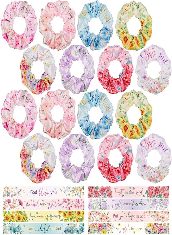 Solsew 16 Pcs Christian Gifts for Women Bulk Church Bible Verses Satin Hair Scrunchies Motivational Religious Scripture Bracelet Inspirational Elastic Hair Tie Valentine's Day Church Gift(Flower) - Image 1