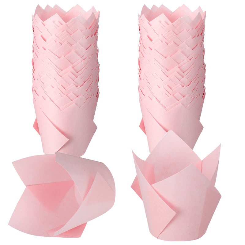 Jutom 200 Pack Tulip Cupcake Liners Paper Baking Cups Greaseproof Muffin Liners Grease Resistant Cupcake Wrappers for Weddings Birthday Cake Balls Muffins Candy Jelly Party(Pink) - Image 1