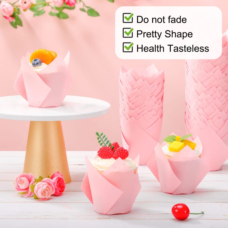 Jutom 200 Pack Tulip Cupcake Liners Paper Baking Cups Greaseproof Muffin Liners Grease Resistant Cupcake Wrappers for Weddings Birthday Cake Balls Muffins Candy Jelly Party(Pink) - Image 4