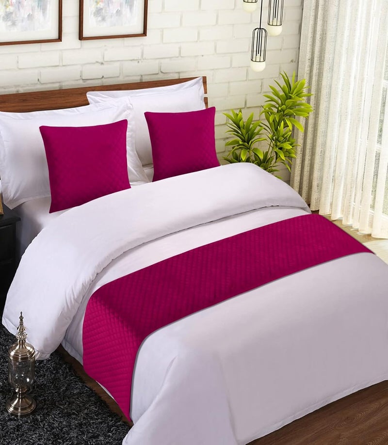 MKS INDIA MKS INDIA Pink and Velvet Quilted Bed Runner Scarf with 2 Matching Cushion CoversSlipcover Mattress ProtectorBed Linen Scarf for Bedrooms Hotel Rooms Guest Rooms 18 x 96 inch  - Image 1
