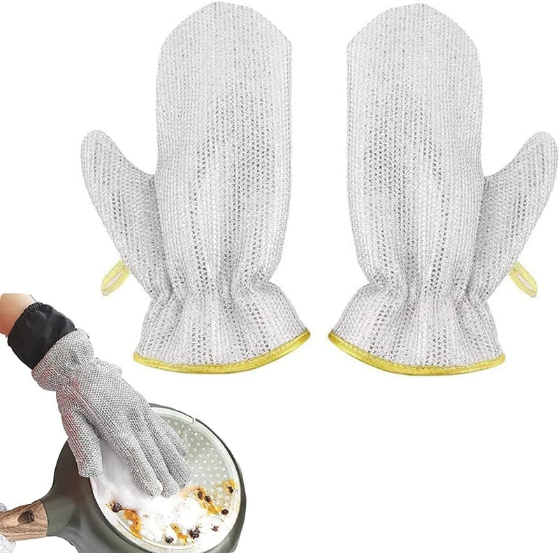 GLENOXZONE Wire Dishwashing Gloves Scrub NonScratch Dish Wash Cloth Reusable Dishwashing Rags 1 Pair Silver - Image 1