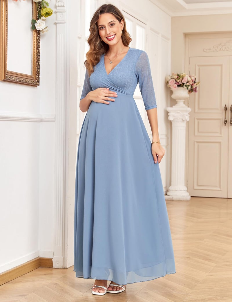AISWI 3/4 Sleeve Maternity Dress Leaf Lace Contrast Chiffon V Neck Wrap A Line Flowy Pregnancy Dresses for Baby Shower, Light Blue, XX-Large - Image 2