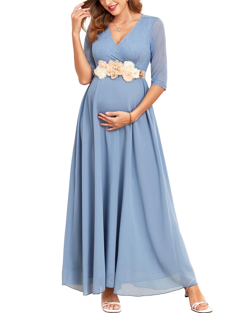 AISWI 3/4 Sleeve Maternity Dress Leaf Lace Contrast Chiffon V Neck Wrap A Line Flowy Pregnancy Dresses for Baby Shower, Light Blue, XX-Large - Image 1