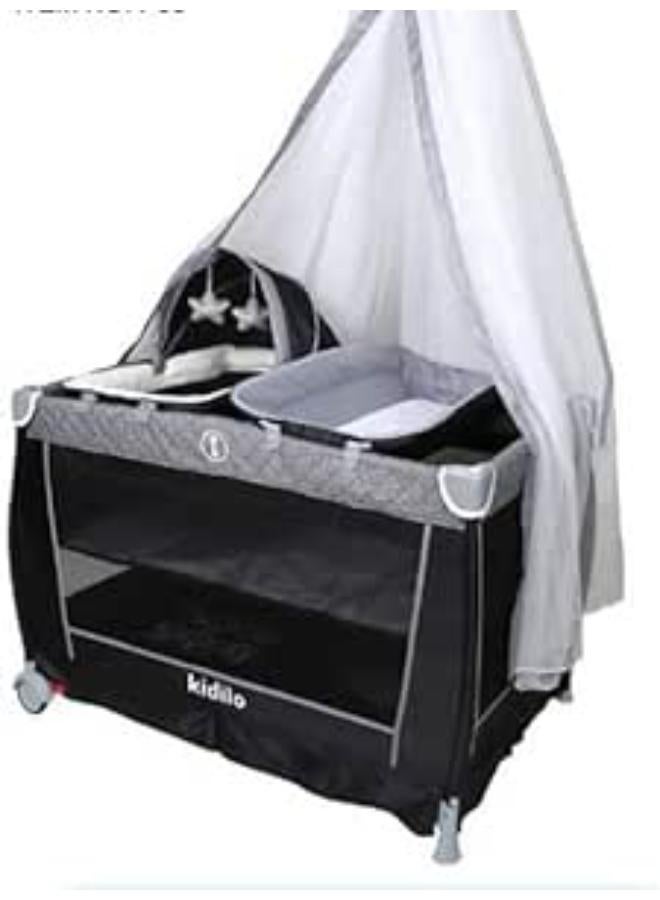 Foldable Travel Cot, Baby Bed Crib with Diaper Table, Mattress, Storage Bag, Music Box and Detachable & Adjustable Canopy, Convertible Infant Nursery Center for 0-36 Months_multocolor