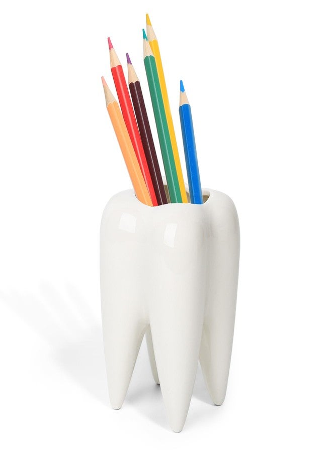 ComSaf Ceramic Pen Holder, Tooth Shaped Pen Holder for Desk, Cute Pencil Pot White Accessories Desk Organizers for Office, School, Home，Pack of 1 - Image 1