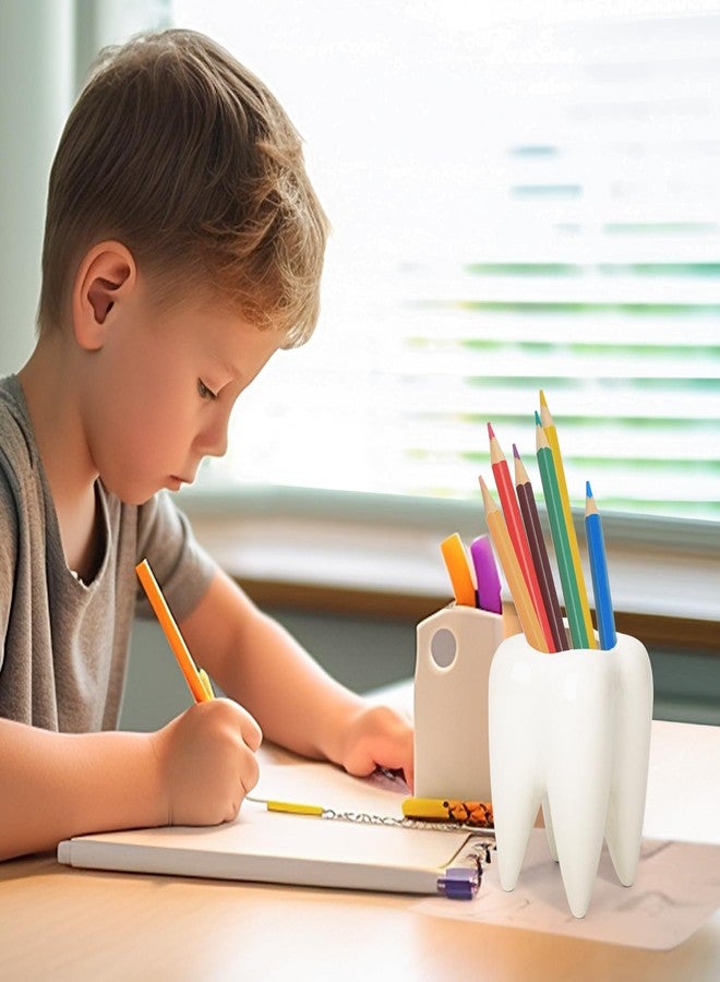 ComSaf Ceramic Pen Holder, Tooth Shaped Pen Holder for Desk, Cute Pencil Pot White Accessories Desk Organizers for Office, School, Home，Pack of 1 - Image 2