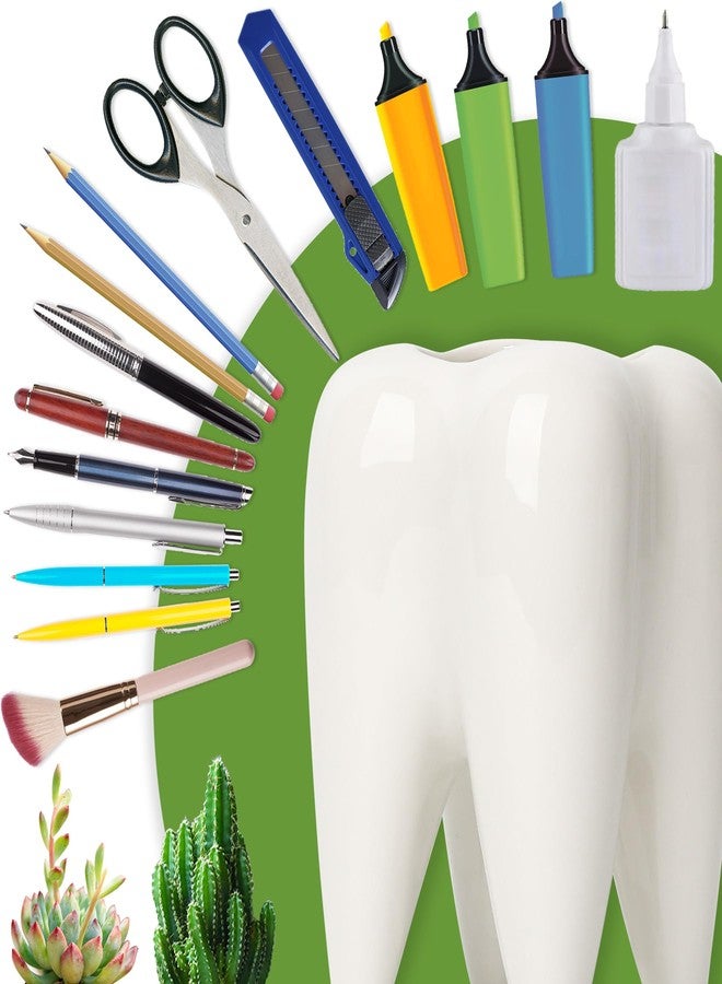ComSaf Ceramic Pen Holder, Tooth Shaped Pen Holder for Desk, Cute Pencil Pot White Accessories Desk Organizers for Office, School, Home，Pack of 1 - Image 5