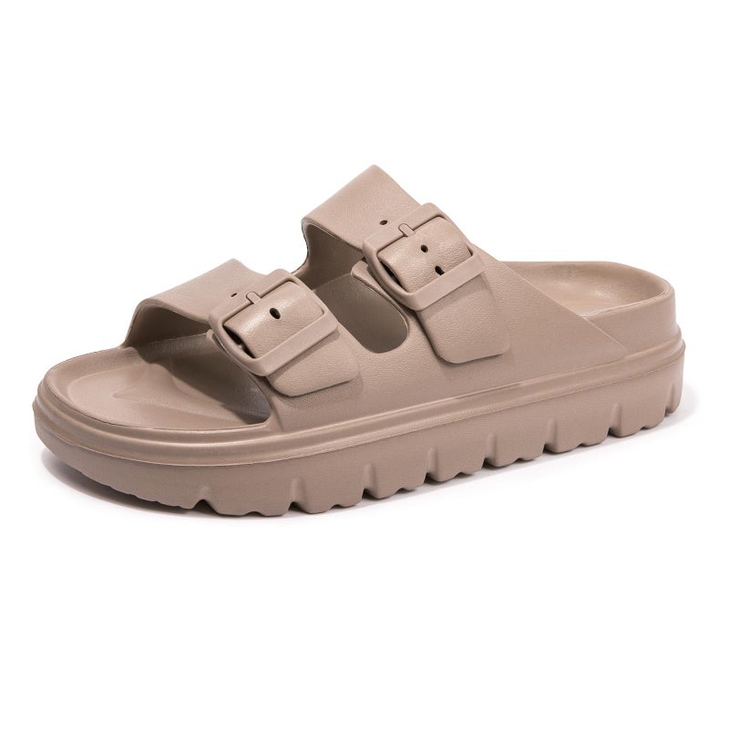 FUNKYMONKEY EVA Slides for Women Thick-sole Adjustable Double Buckle Waterproof Platform Sandals (8 M US, Lt Coffee/HDSPK) - Image 1