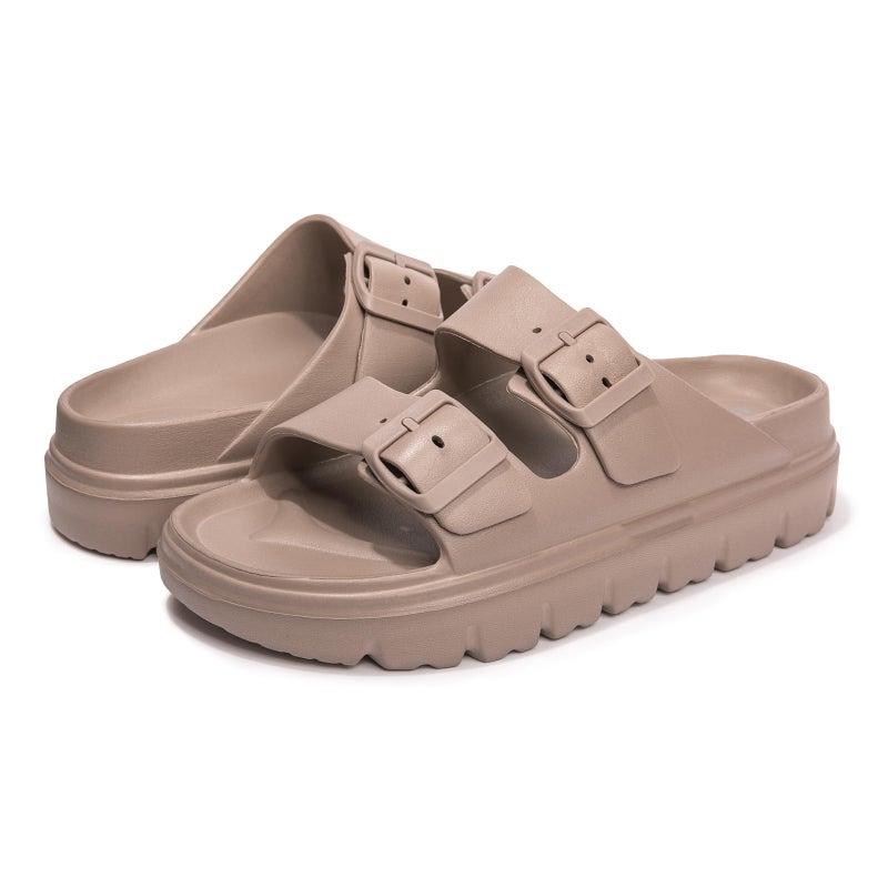 FUNKYMONKEY EVA Slides for Women Thick-sole Adjustable Double Buckle Waterproof Platform Sandals (8 M US, Lt Coffee/HDSPK) - Image 5