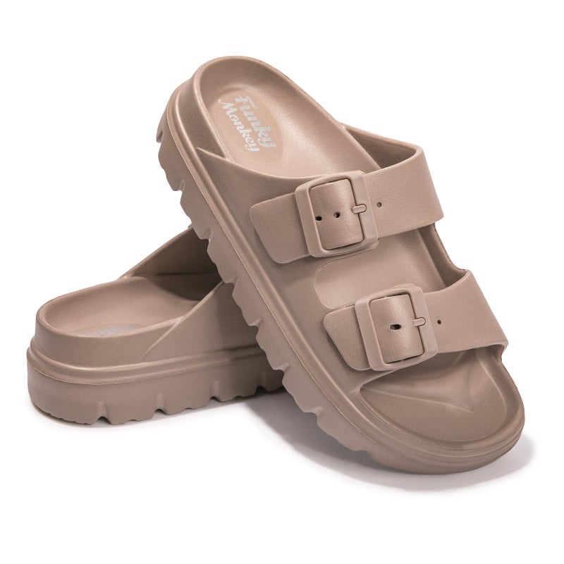FUNKYMONKEY EVA Slides for Women Thick-sole Adjustable Double Buckle Waterproof Platform Sandals (8 M US, Lt Coffee/HDSPK) - Image 4