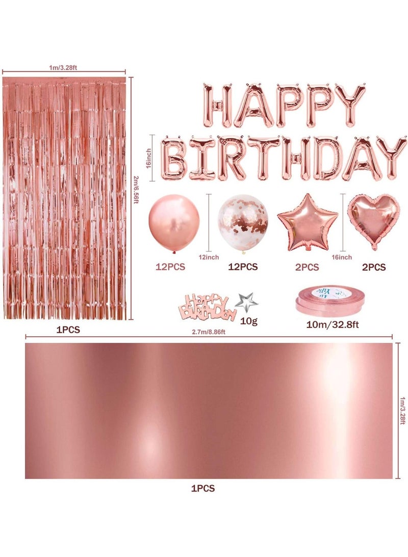 لينلي مجموعة زينة حفلات أعياد الميلاد باللون الذهبي الوردي، لافتة عيد ميلاد سعيد، ستارة مزينة بشراشيب، مفرش طاولة من رقائق معدنية، بالونات قصاصات ورقية على شكل قلوب ونجوم، دوامات معلقة للنساء والفتيات - Image 2