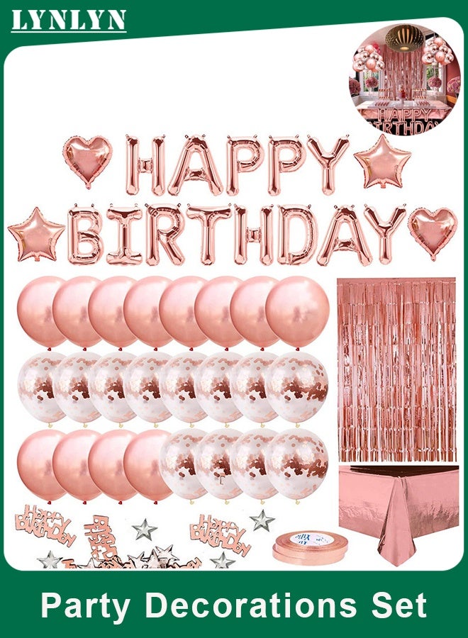 لينلي مجموعة زينة حفلات أعياد الميلاد باللون الذهبي الوردي، لافتة عيد ميلاد سعيد، ستارة مزينة بشراشيب، مفرش طاولة من رقائق معدنية، بالونات قصاصات ورقية على شكل قلوب ونجوم، دوامات معلقة للنساء والفتيات - Image 1
