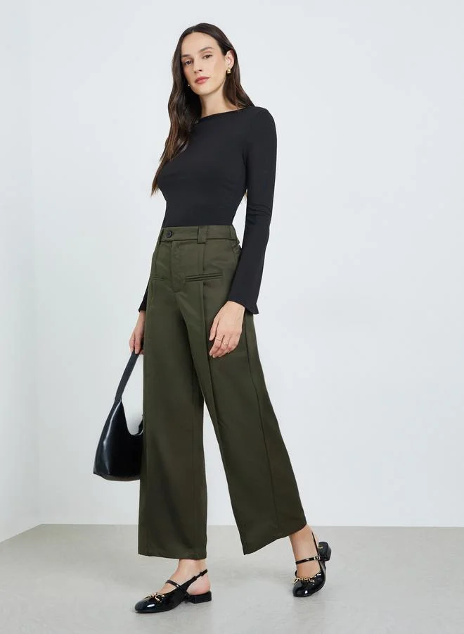Take Two Khaki Wide Leg Trousers with Pintuck Detail