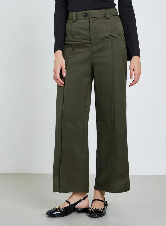 Take Two Khaki Wide Leg Trousers with Pintuck Detail