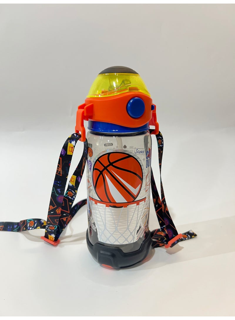 Basketball Theme Kids Water Bottle Sippy Cup with Straw, 650ML BPA-Free Leakproof Water Bottle with Adjustable Shoulder Strap, Portable Drinking Cup for Kids