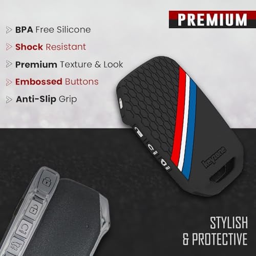 Keyzone® Striped Silicone Key Cover & Keychain Compatible for Kia Carens Clavis,Seltos, Sonet 2023 4 Button Smart Key.(Black with Striped Black Keychain) - Image 4