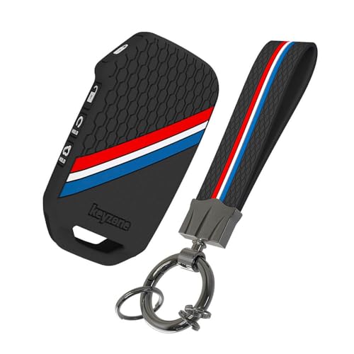 Keyzone® Striped Silicone Key Cover & Keychain Compatible for Kia Carens Clavis,Seltos, Sonet 2023 4 Button Smart Key.(Black with Striped Black Keychain) - Image 1