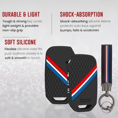 Keyzone® Striped Silicone Key Cover & Keychain Compatible for Kia Carens Clavis,Seltos, Sonet 2023 4 Button Smart Key.(Black with Striped Black Keychain) - Image 5