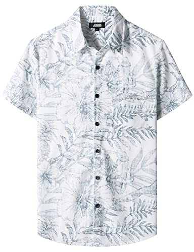 JOGAL Mens Floral Hawaiian Shirt Front Pocket Casual Aloha Shirts White Medium - Image 1