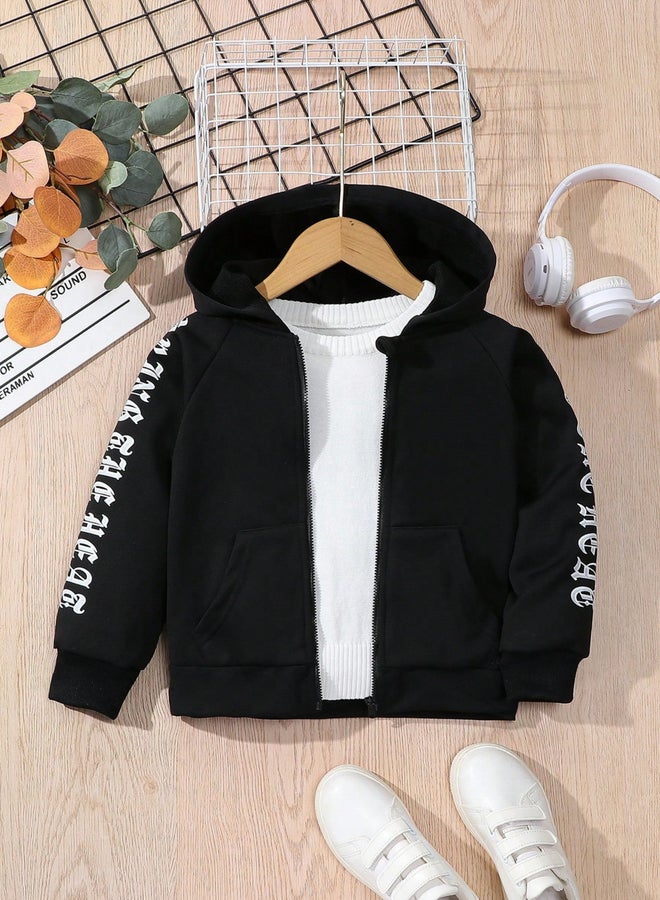 Take Two Letter Print Zip Front Hoodie - Image 1