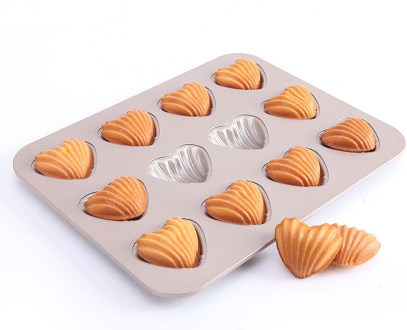 QUDUME Madeleine Mold Cake Pan, 12 Cavity Heart Shape Cake Pan Mini Tea Cake Pans Non-Stick Heart-shaped Shello Madeline Bakewarefor Baking - Image 1