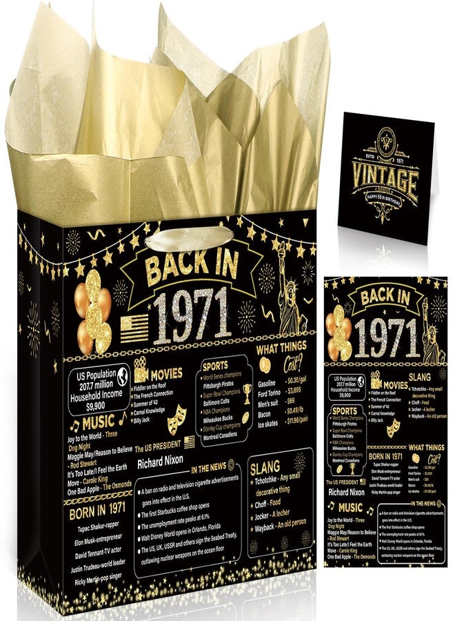 Yoirrat Black Gold 55th Birthday Gifts Bag Vintage 1971 Gift Bags with Greeting Cards 55th Birthday Wrapping Paper Bag for Women Man 55 Year Old Party Supplies - Image 1