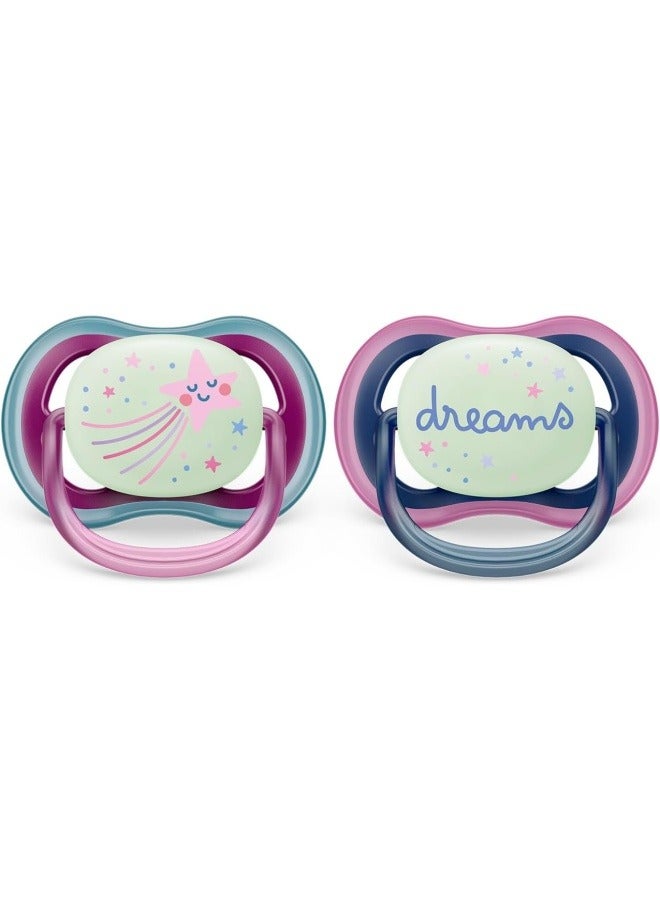 Soother Ultra Air Nighttime 6-18M For Girls, 2 Pieces | No.1 Brand Recommended by Moms Worldwide | Glows in the dark |Light |Breathable |BPA free | Orthodontic with Sterilization Case