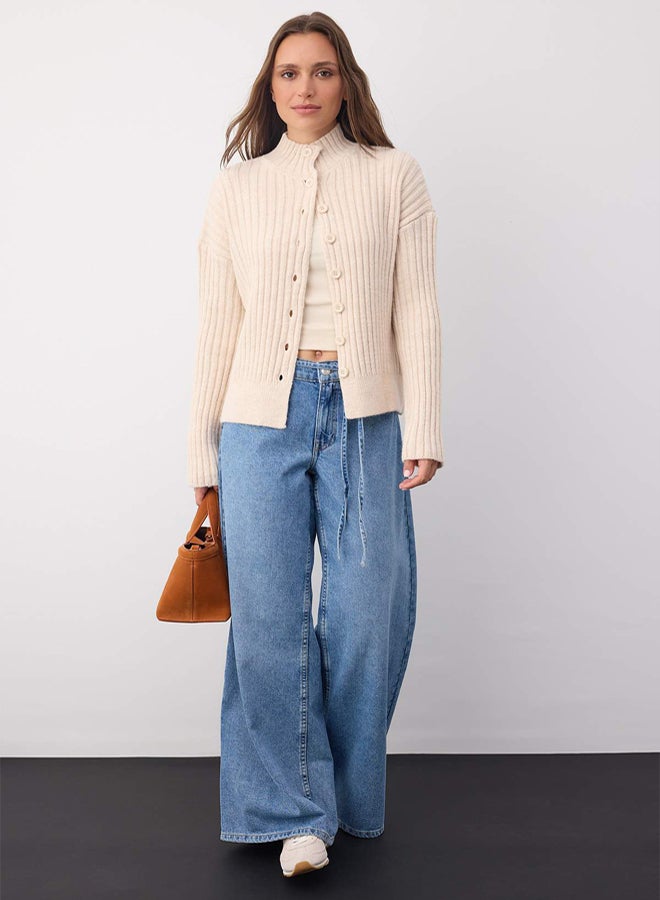 trendyol Wardrobe Essentials Stone Stand Collar Wide Fit Ribbed Soft Textured Knitwear Cardigan | - Image 2