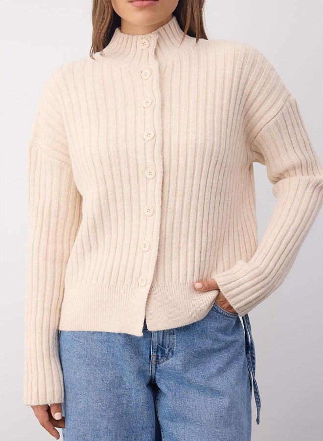 trendyol Wardrobe Essentials Stone Stand Collar Wide Fit Ribbed Soft Textured Knitwear Cardigan | - Image 3